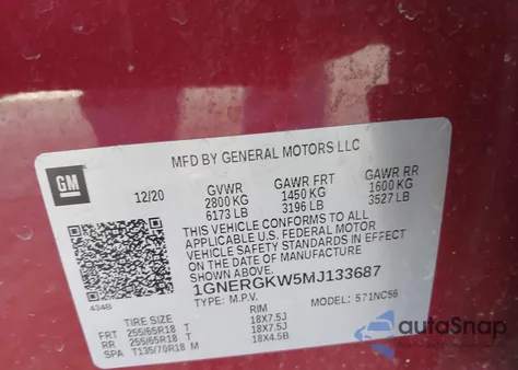 2021 Chevrolet Traverse Fwd Lt Cloth из США, поврежденный, VIN 1GNERGKW5MJ133687